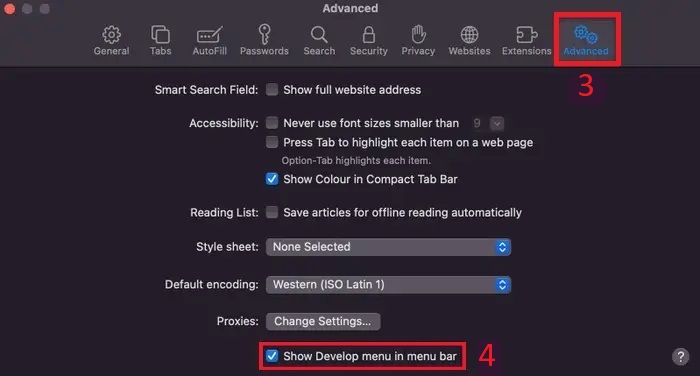 Under Advanced tab, check the box near Show Develop menu in menu bar.