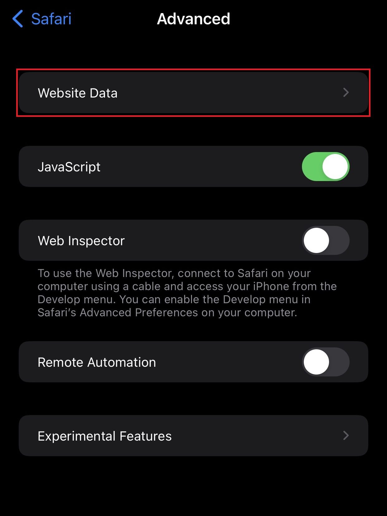 Choose Website Data under Advanced Settings on Safari to clear cache