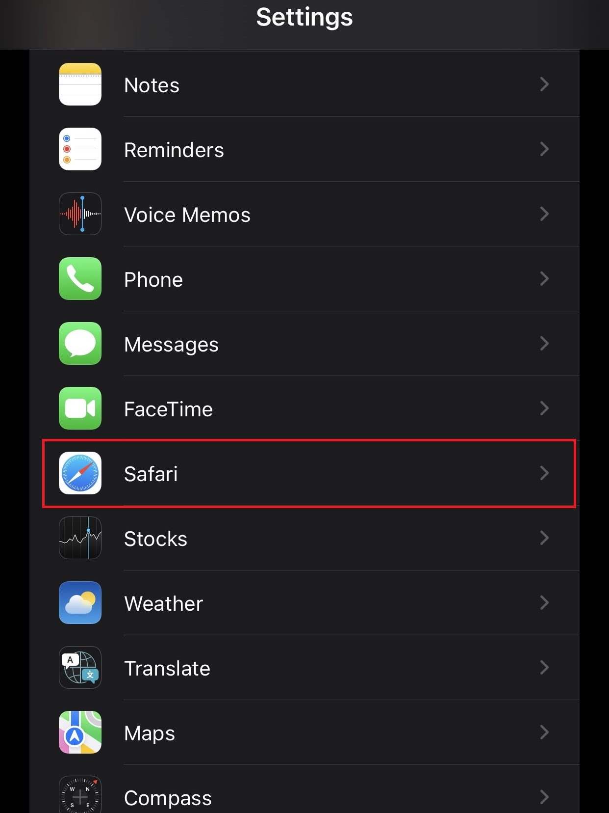 Select Safari under Settings on iPhone to clear cache