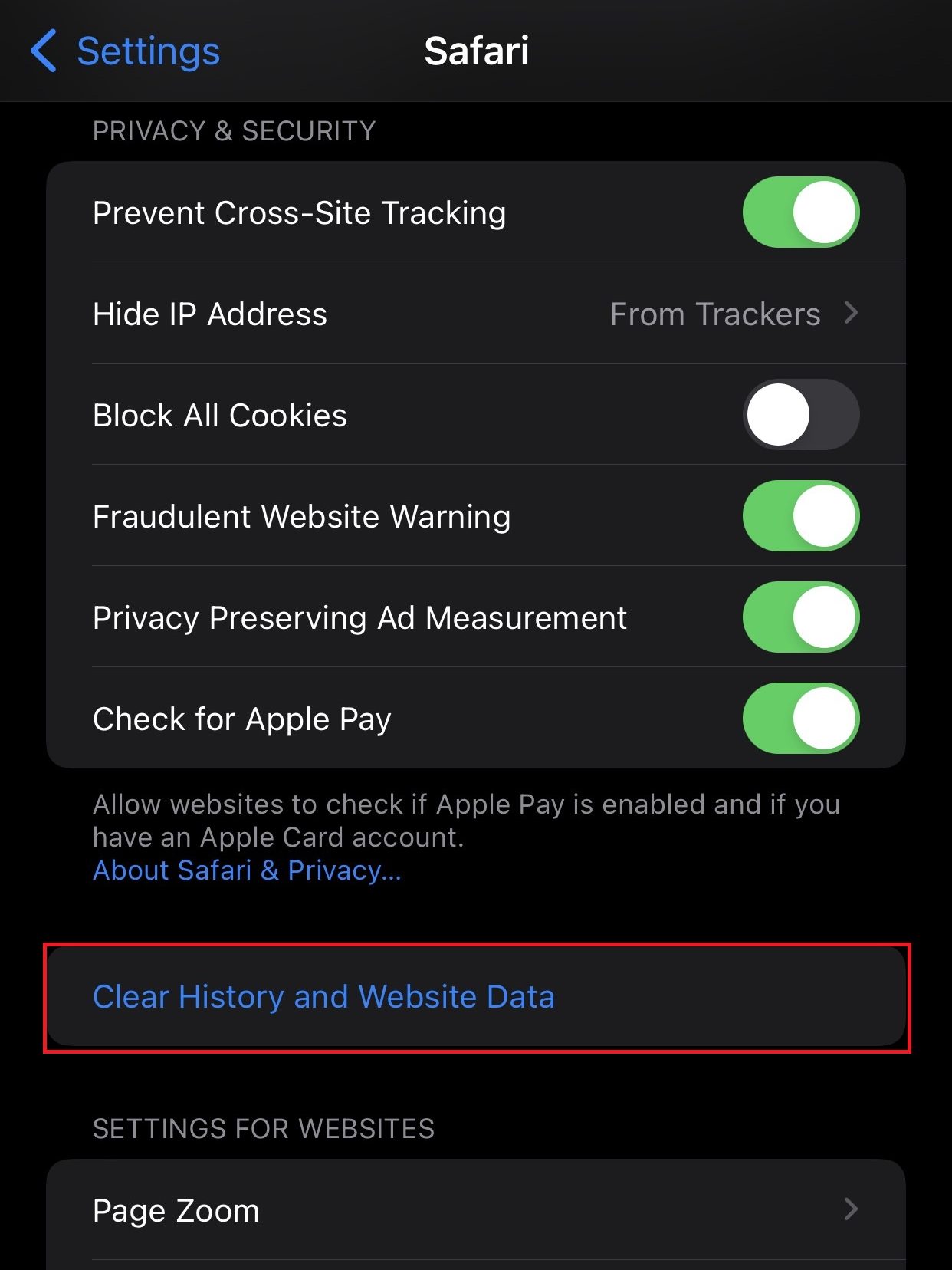 Tap Clear History and Website Data to clear Safari cache