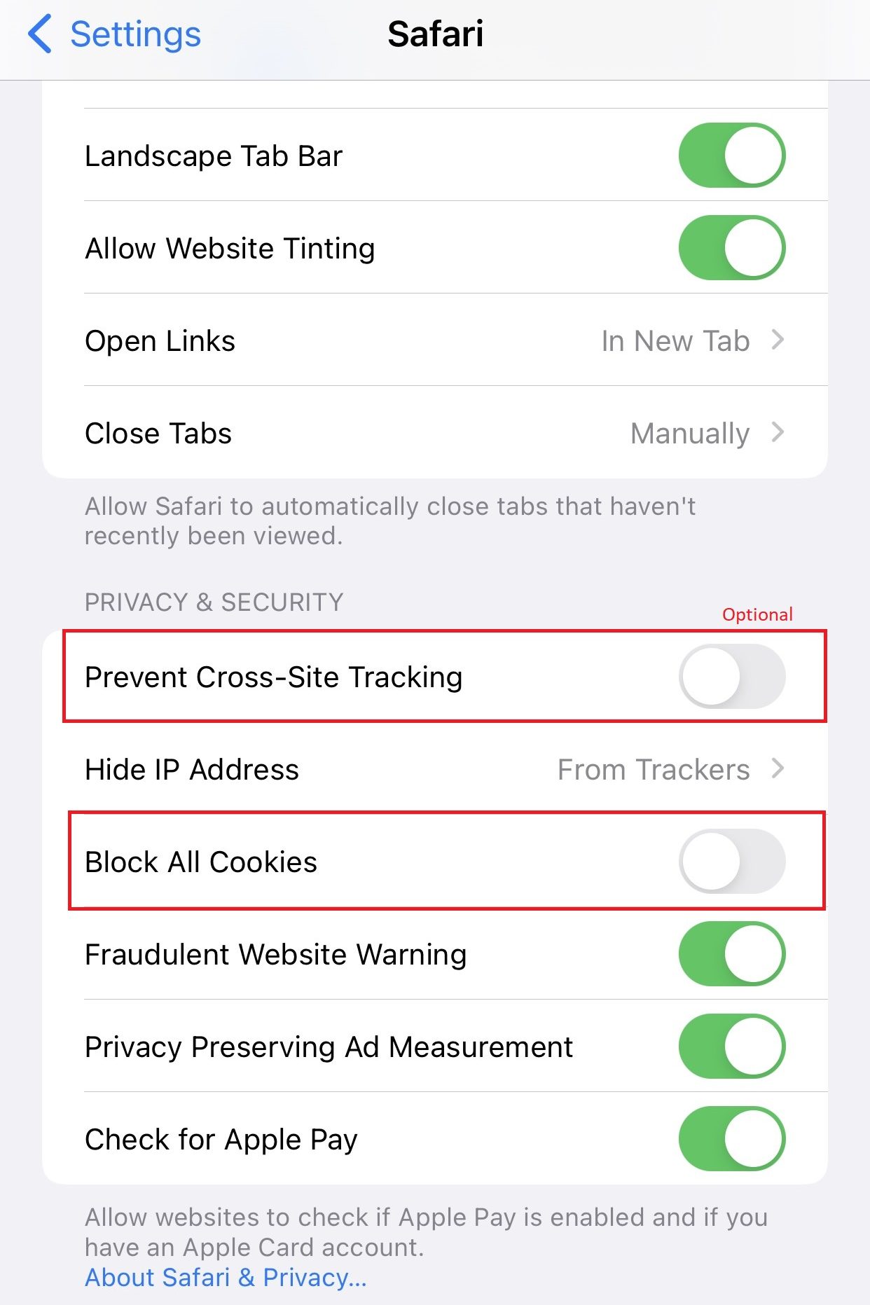 Turn off toggle near Block All Cookies to enable cookies on Safari
