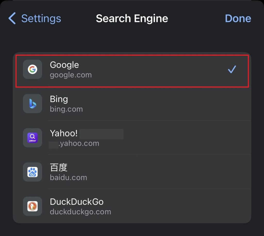 Choose Google as default search engine on iOS 