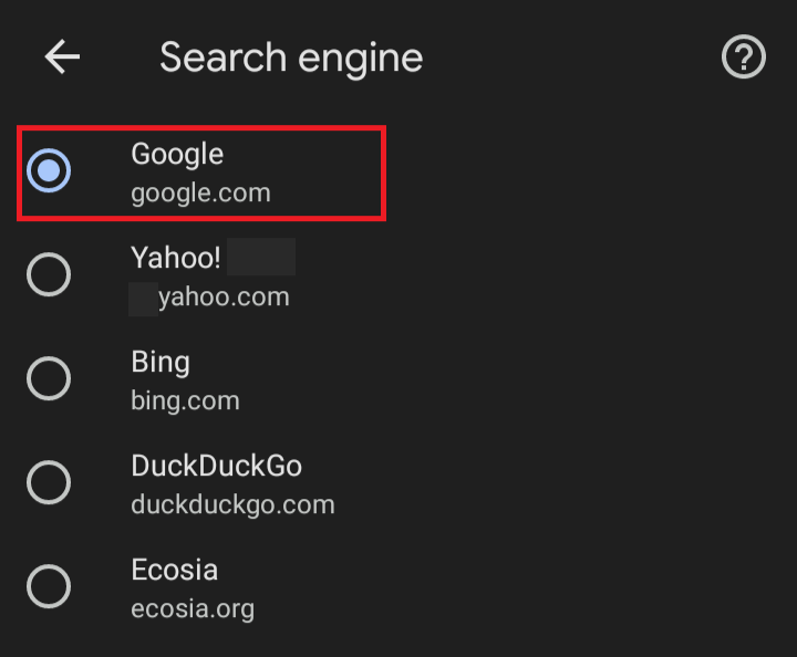 Choose Google as default search engine on android