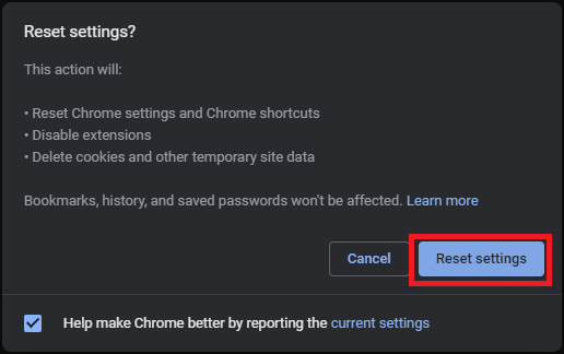 Click on Reset Settings to remove yahoo search from chrome