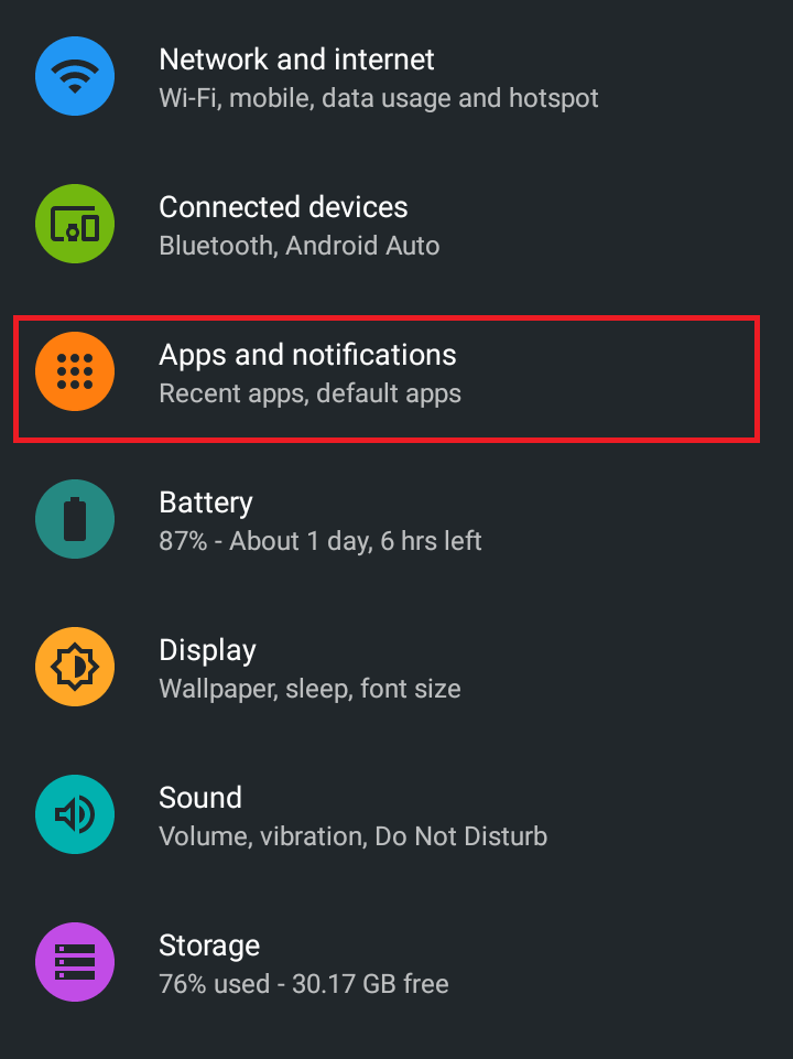 Select Apps and Notifications on Android