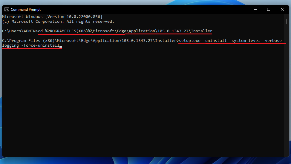 Open Command Prompt to completely uninstall Edge