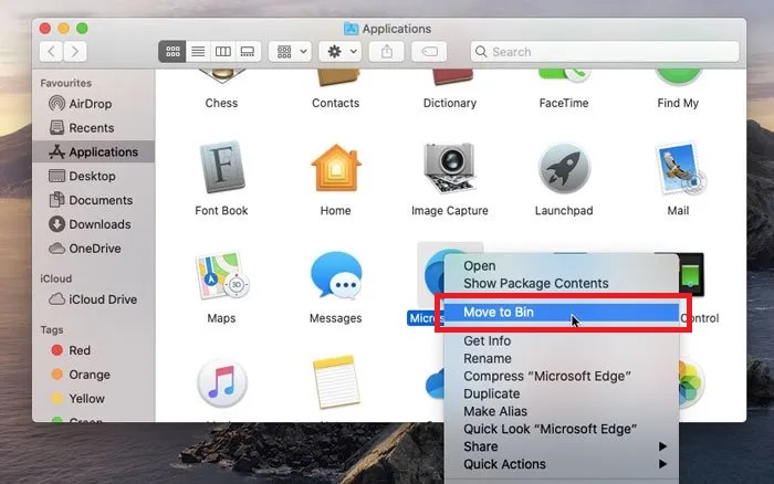 Click Move to Bin and uninstall Microsoft Edge from Mac