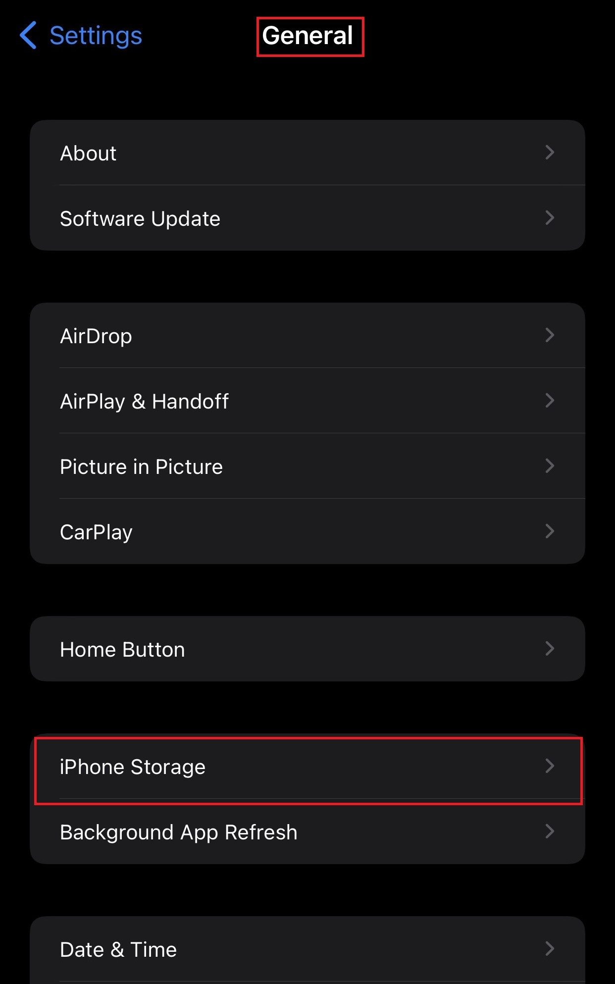 Open iPhone Storage under General Settings