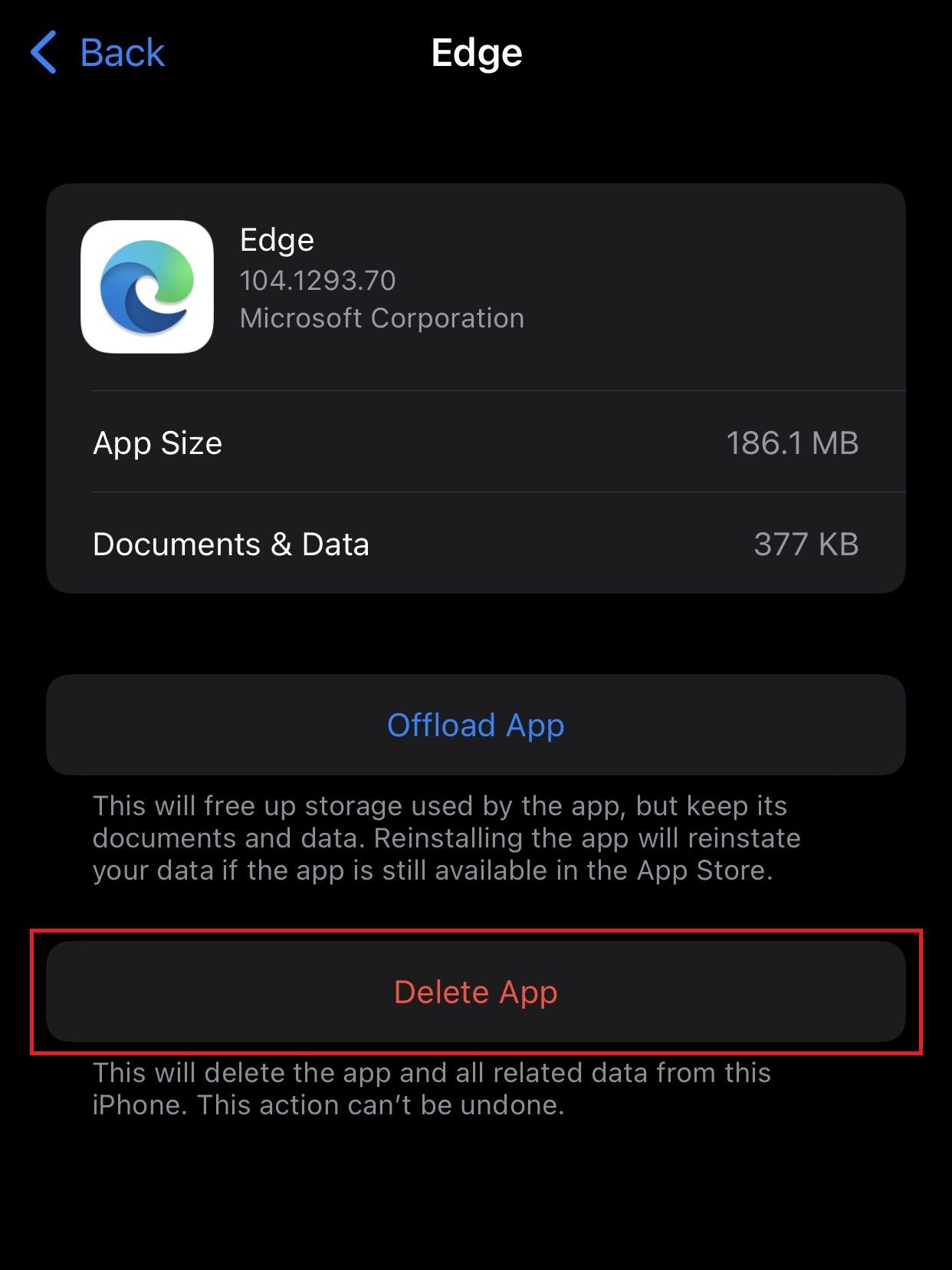 Tap on Delete App to uninstall Edge on iOS
