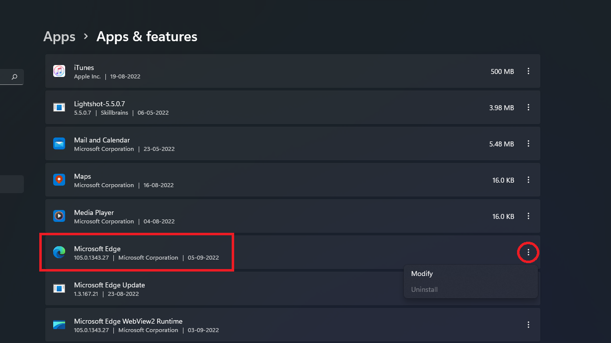 Select Microsoft Edge under Apps & features
