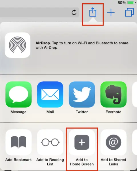 Click Share icon and click Add to Home screen option