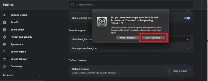 Click on Use Chrome to change the default browser on Mac