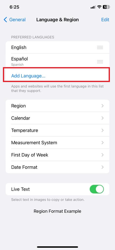 Tap Add Language