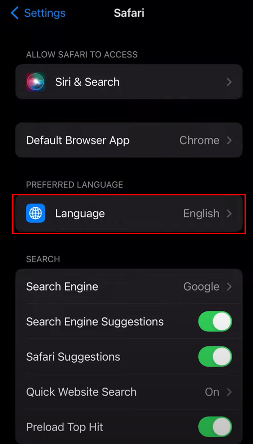 Select language to Change Language in Safari  