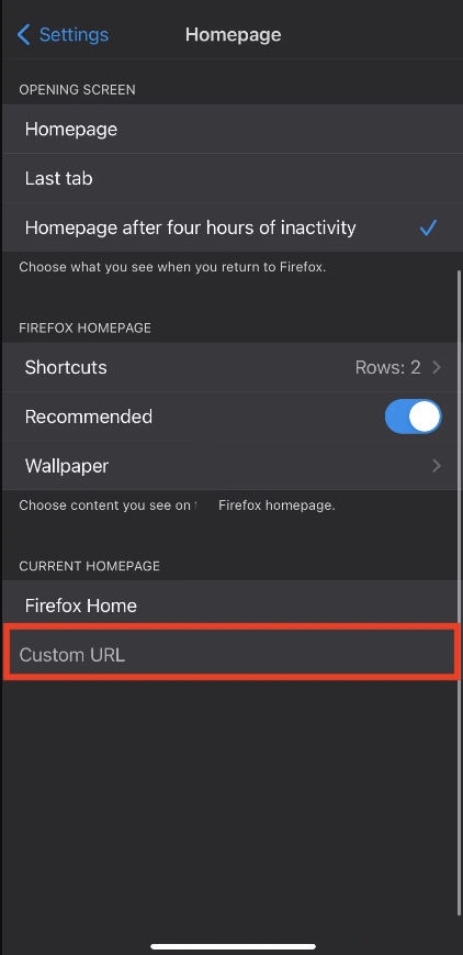 Paste the URL to change the homepage in Firefox