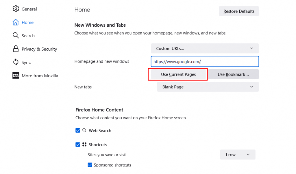 Paste the URL to change the homepage in Firefox