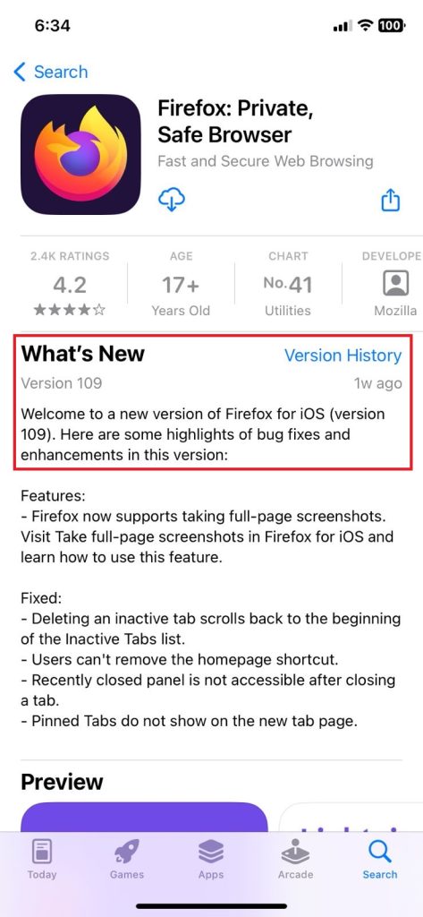 check Firefox version on iPhone