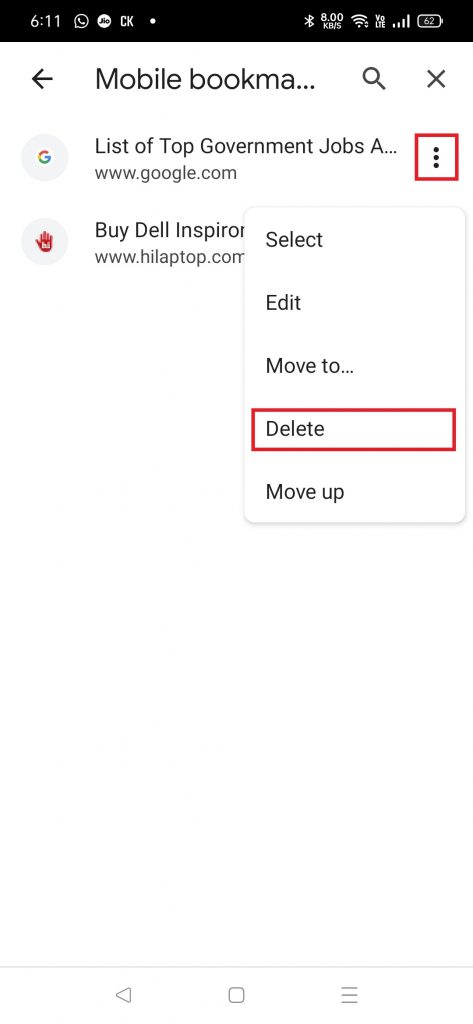 Click on Delete to delete the bookmarks on Chrome