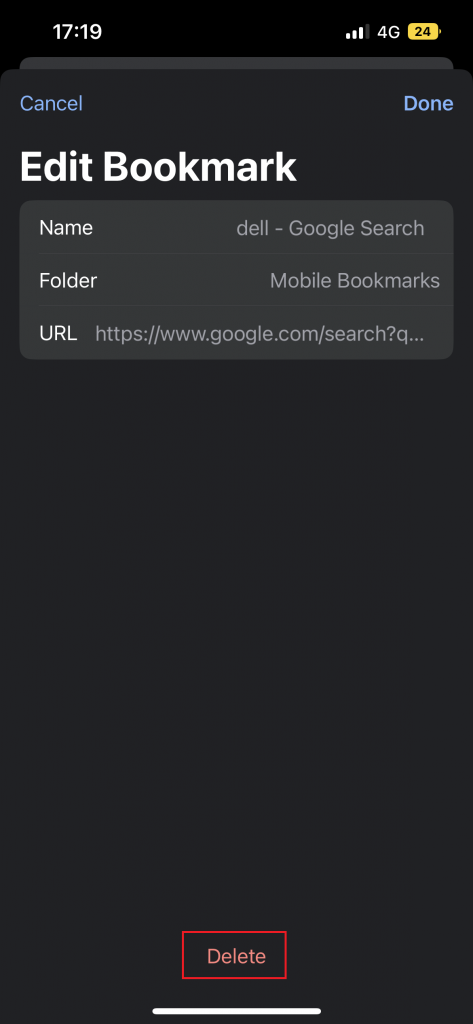 Click on Delete to delete the bookmarks on Chrome