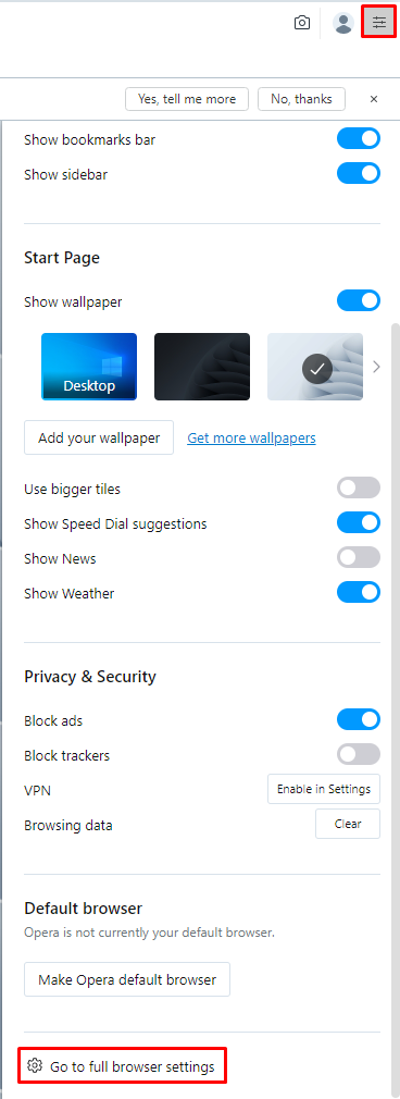 Click on Go to full browser settings