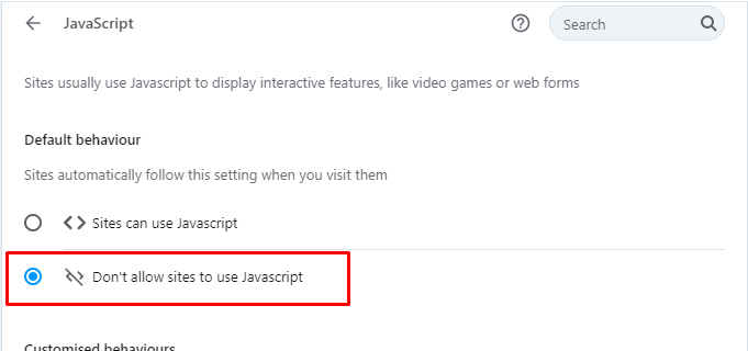 Check the box to disable JavaScript on Opera