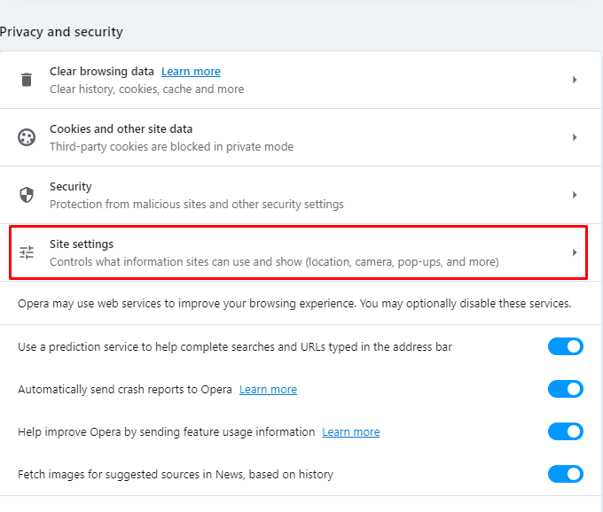 Click Site Settings to enable JavaScript on Opera