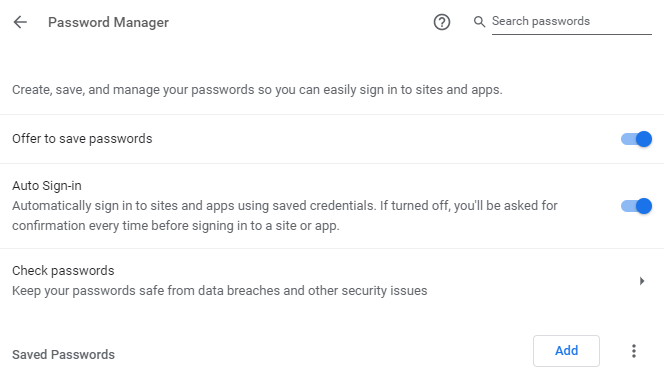 Tap Add to add saved passwords