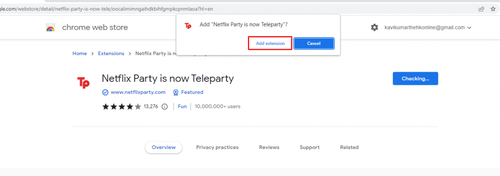 Click Add extension to Install Netflix Party on Chrome Extension