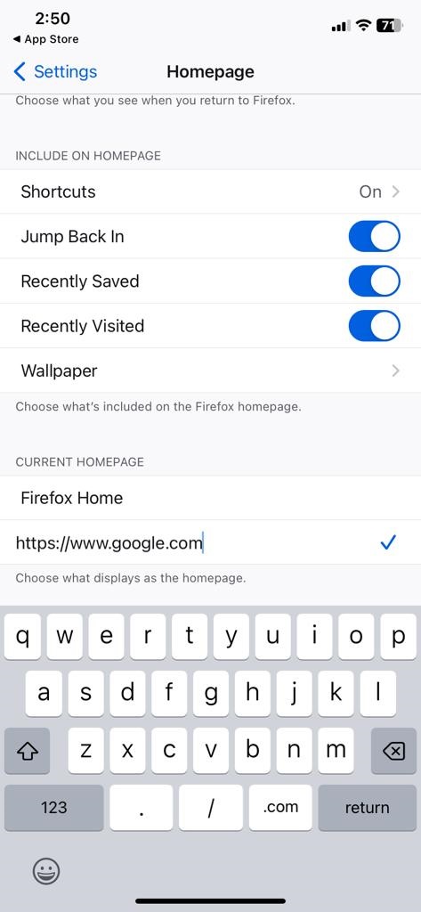 Enter Google URL to change the Firefox homepage