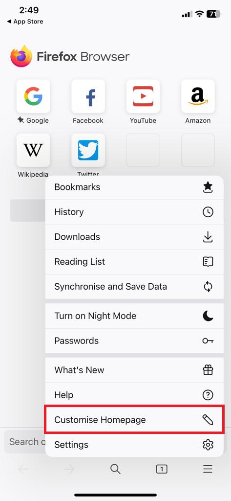 Select the Customise Homepage option in Firefox settings