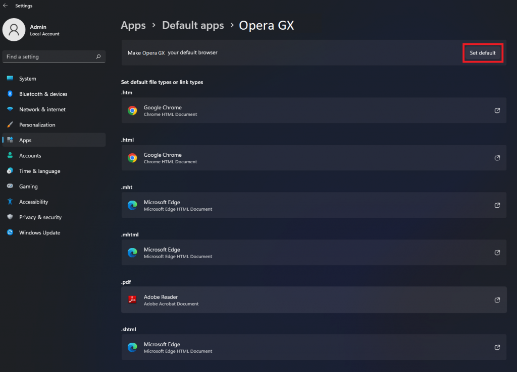 Click Set Default o make Opera GX as your default browser