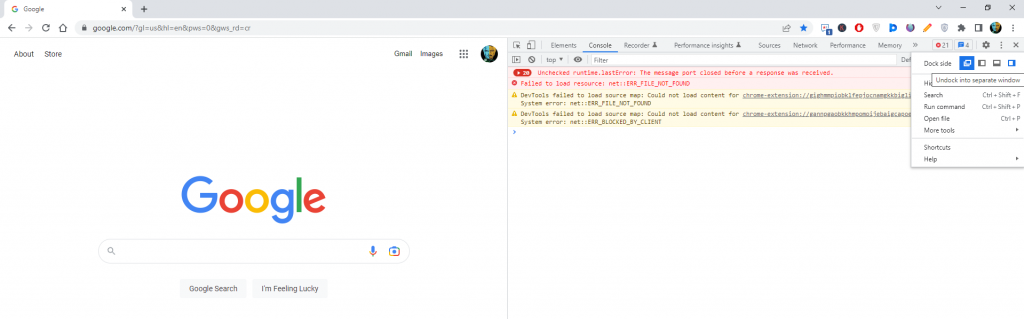 open the Chrome Developer Tools in a new window