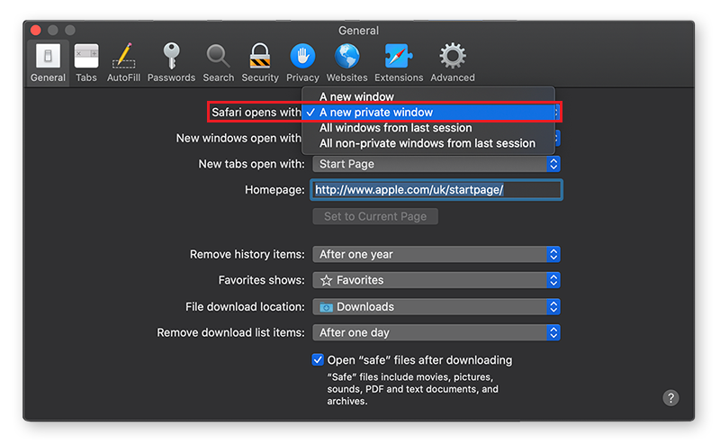 Select A new private window to open incognito mode in Safari