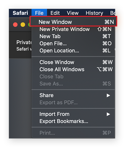 Select New Window to open incognito mode in Safari