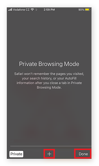 Tap Done to open incognito mode in Safari