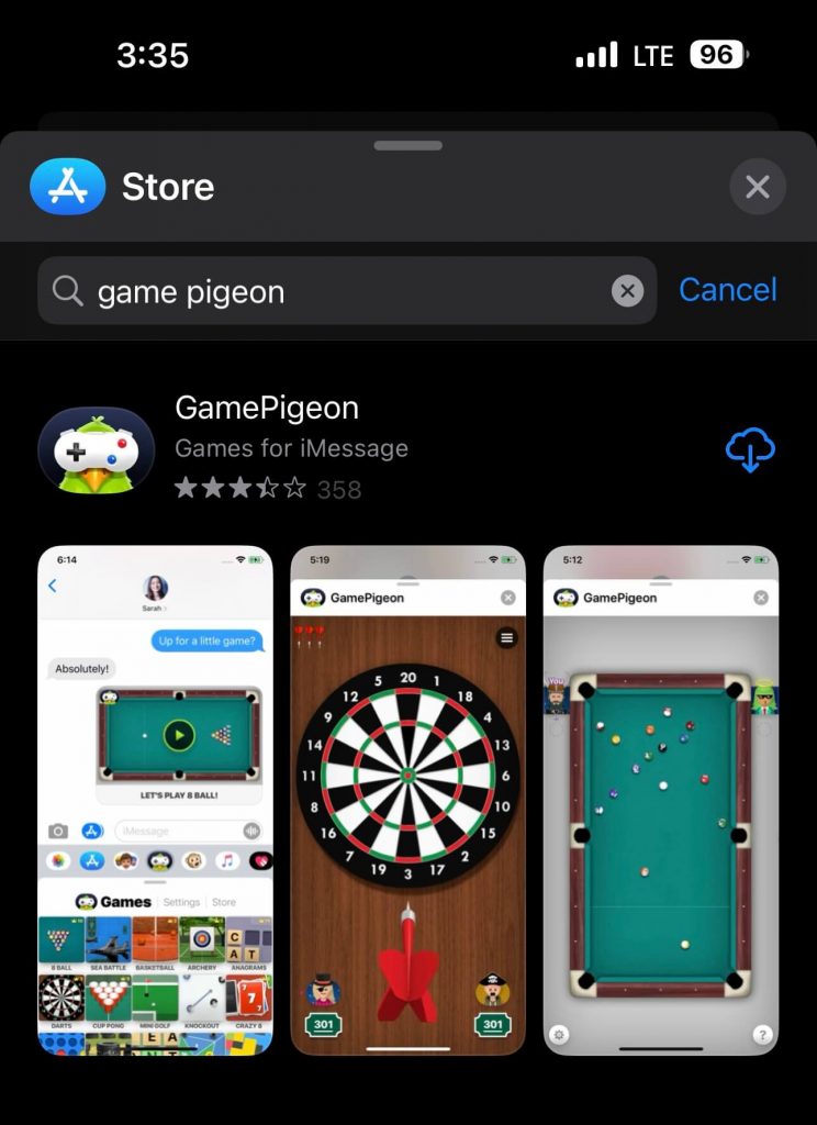 Tap Get/Cloud icon to install Game Pigeon app on iMessage