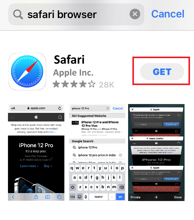 Tap Get to Reinstall Safari on iPhone