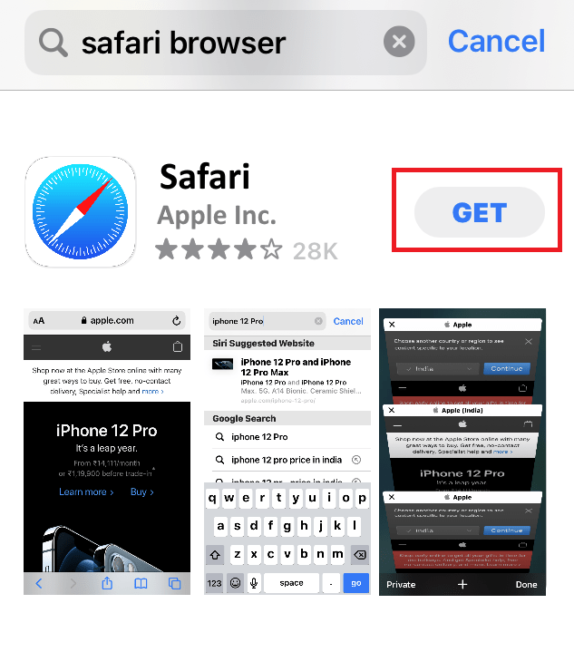  Tap Get to Reinstall Safari on iPhone