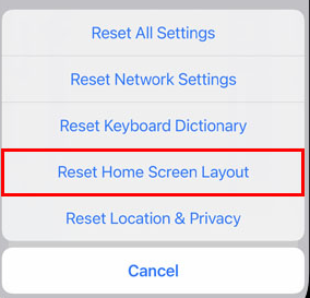 Tap Reset Home Screen Layout to reinstall Safari on iPhone
