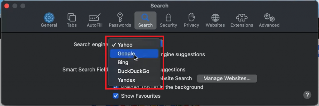 Choose the preferred search engine to remove Search Marquis from Mac