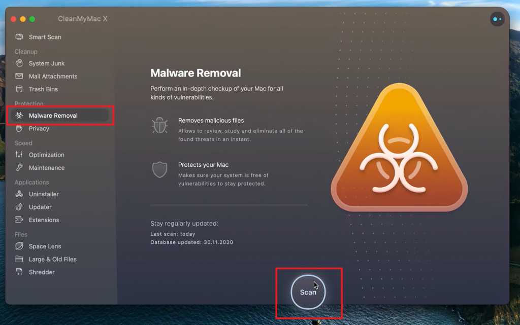 Click Scan button on CleanMyMac X tool, to remove Search Marquis from Mac