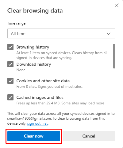 Click on the option Clear now to reset your Microsoft Edge