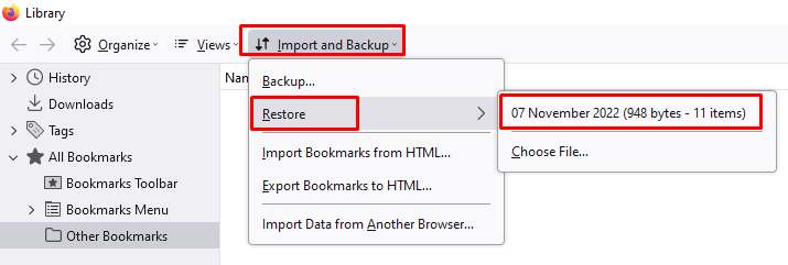 Choose the bookmark folder to Restore Firefox Bookmarks