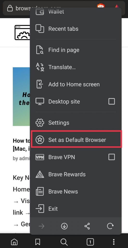 Click Set as Default to set Brave as the default browser