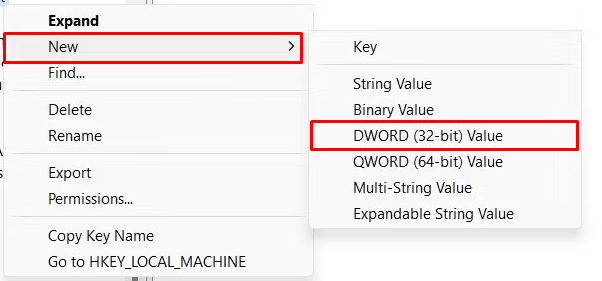 Select DWORD (32-bit) Value