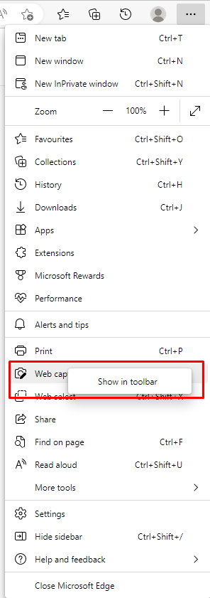 Select show in tool bar to Take Screenshots on Microsoft Edge