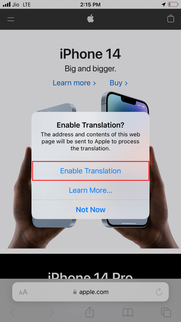 Click on the option Enable translation to Translate a Page on Safari