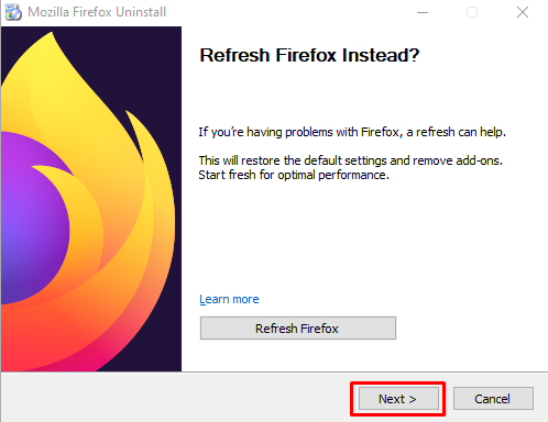 Click Next to Uninstall Firefox