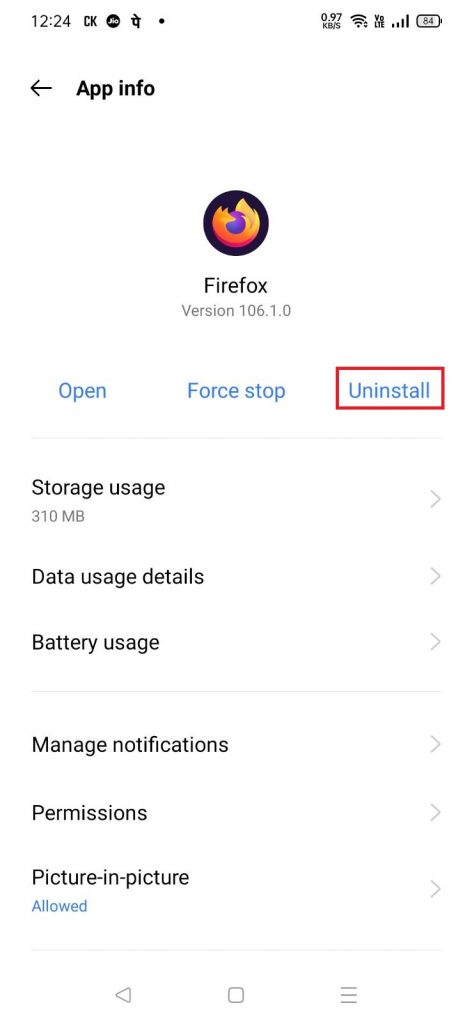 Click Uninstall to Uninstall Firefox