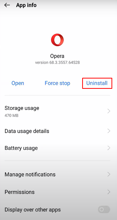 Tap Uninstall to uninstall the Opera browser